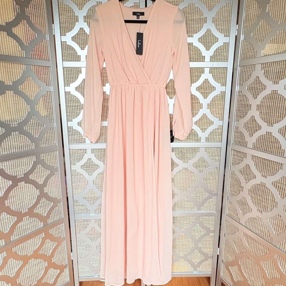 NWT Lulu's Pink Pleated Gown with Bishop Sleeves - Picture 1 of 9